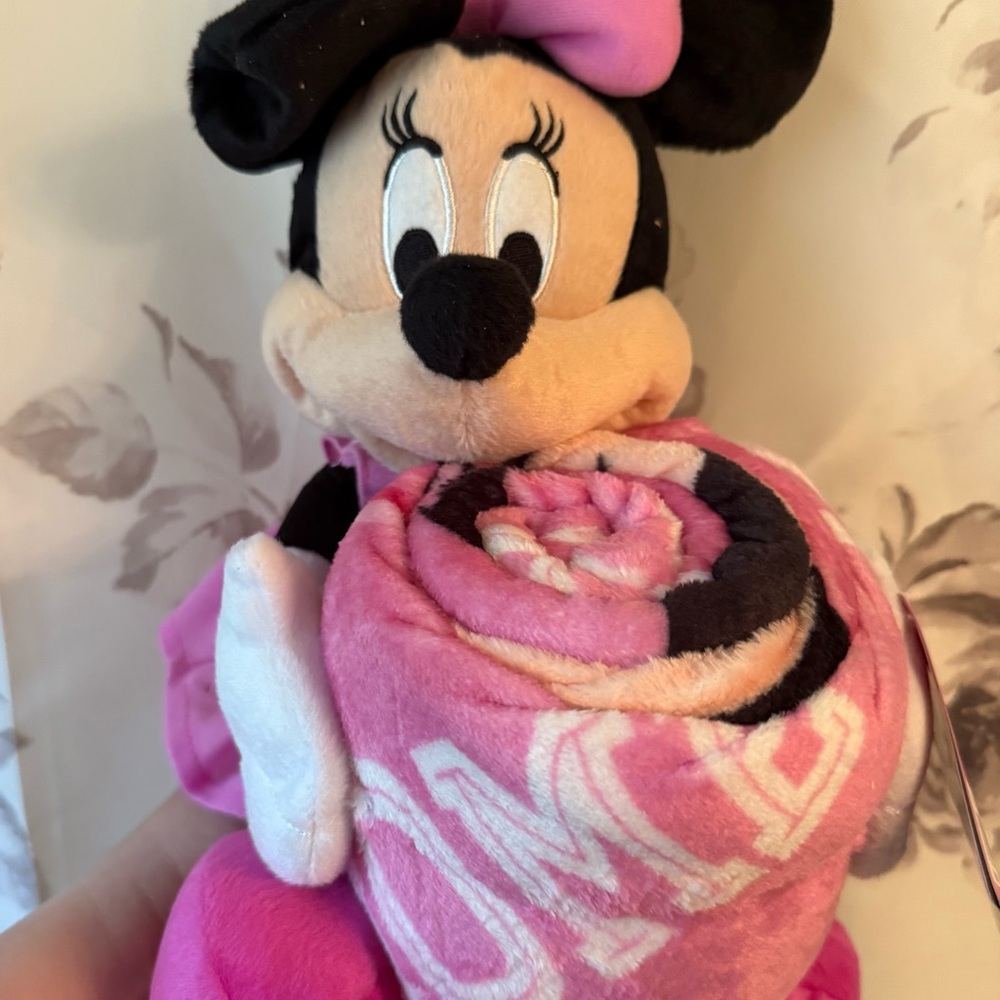 Pink and Black Minnie Mouse Plush with Blanket